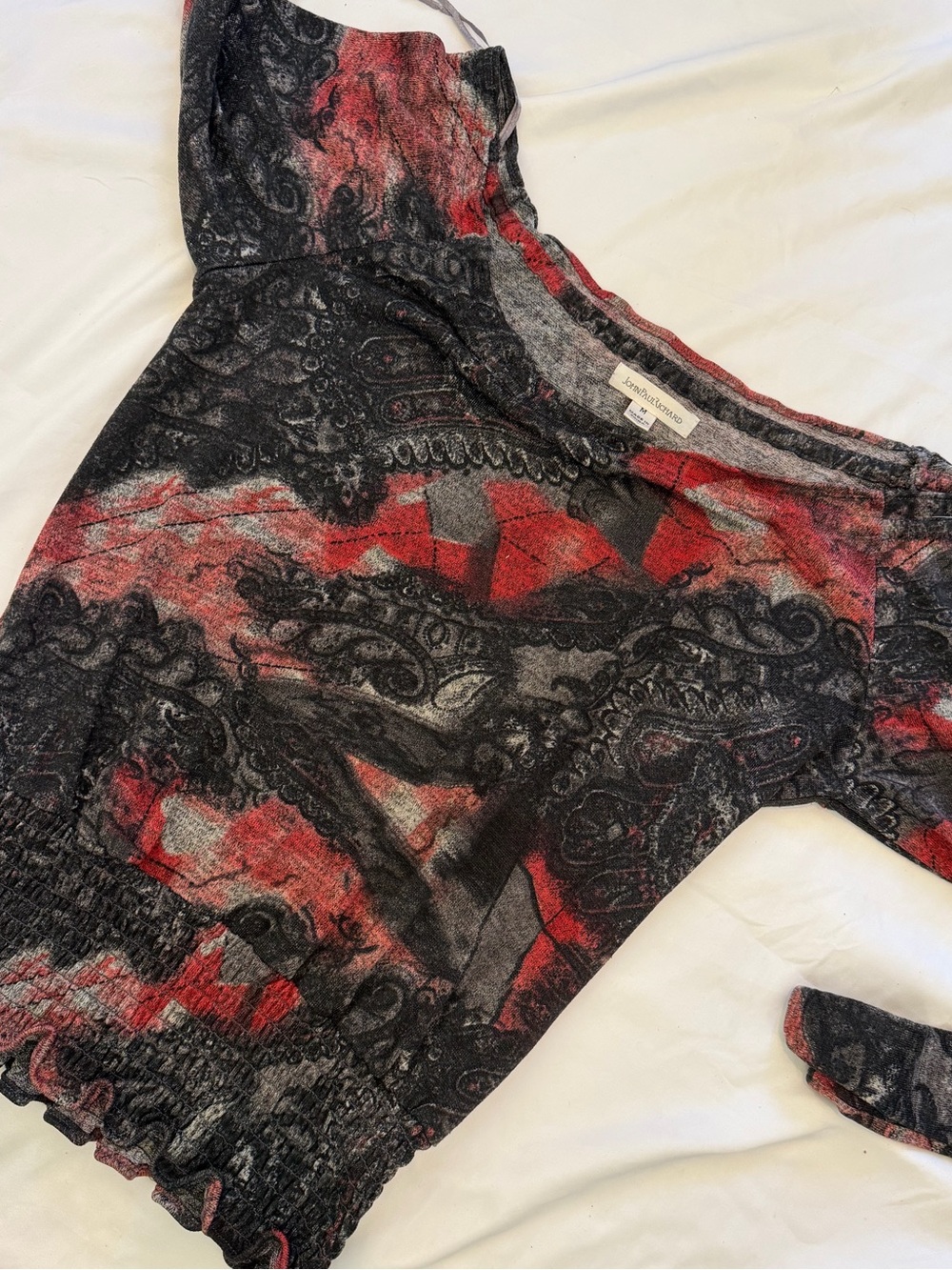 JohnPaulRichard Red & Black Off-Shoulder Burnout Top
